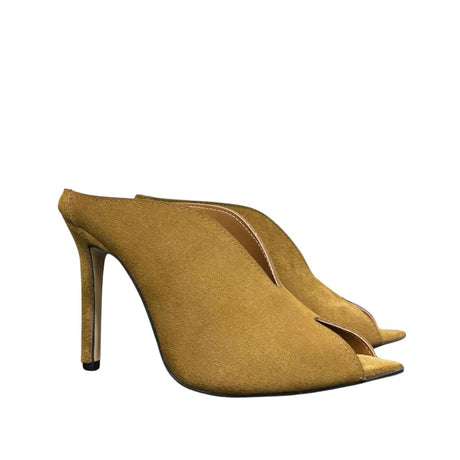 Sabot mule in camoscio cuoio con tacco a spillo 10 cm e scollatura a V