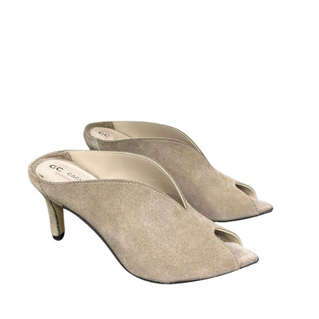 Sabot mule in camoscio taupe con tacco a spillo 8 cm e scollatura a V