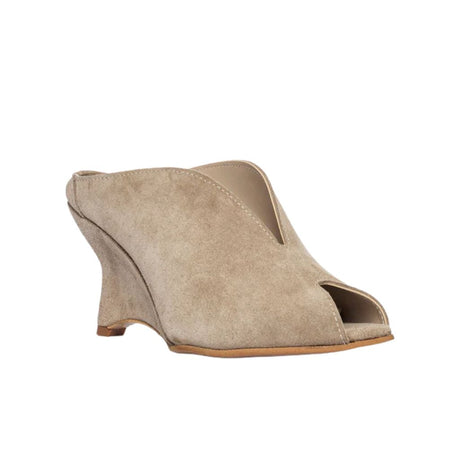 Sabot mule in camoscio taupe con zeppa concava 8 cm e scollatura a V