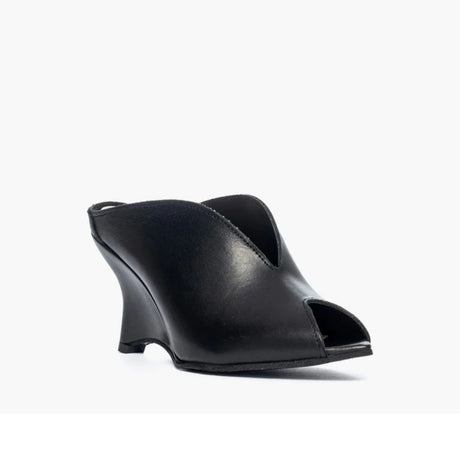 Sabot mule in pelle nera con zeppa concava 8 cm e scollatura a V