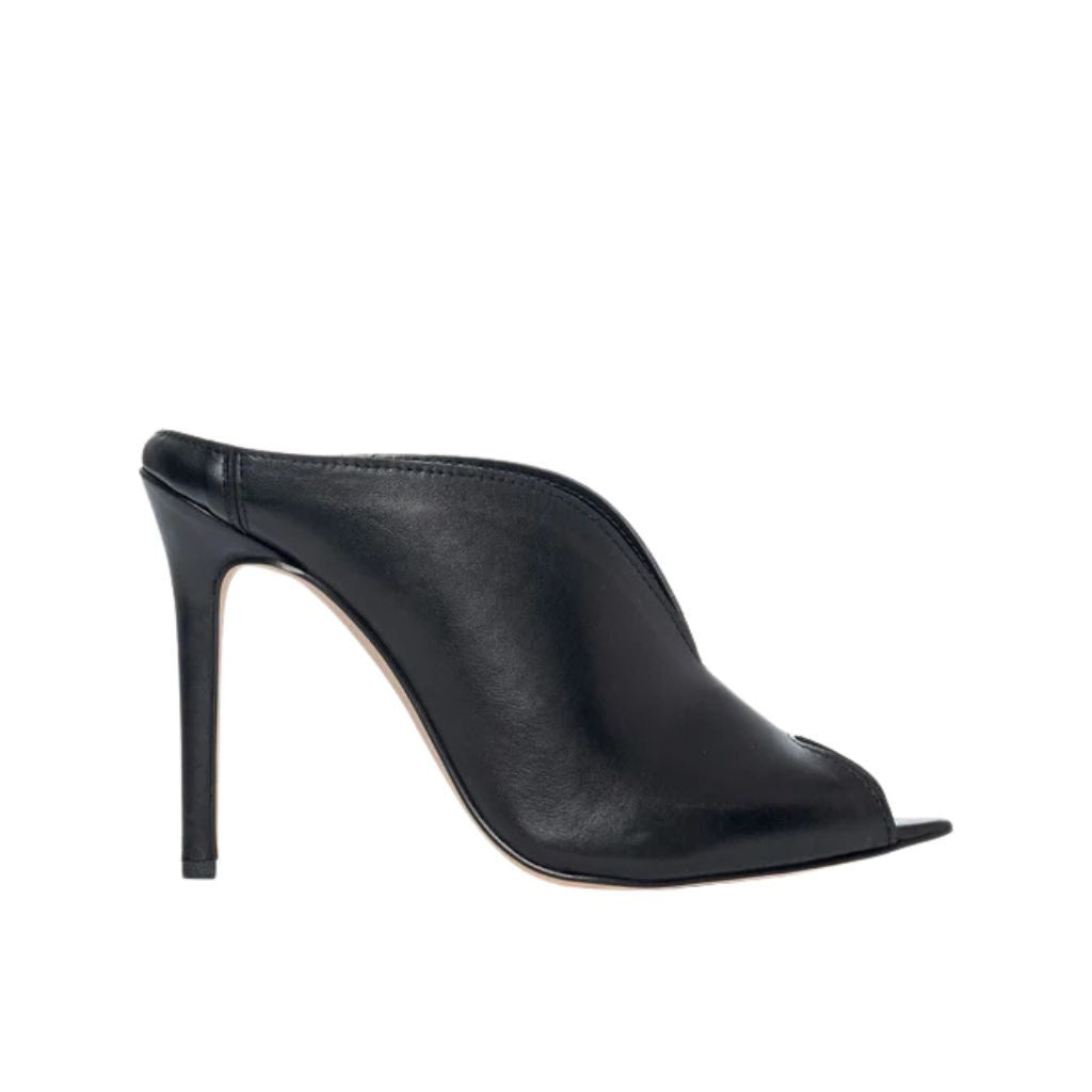 Sabot mule in pelle nera con tacco a spillo 10 cm e scollatura a V
