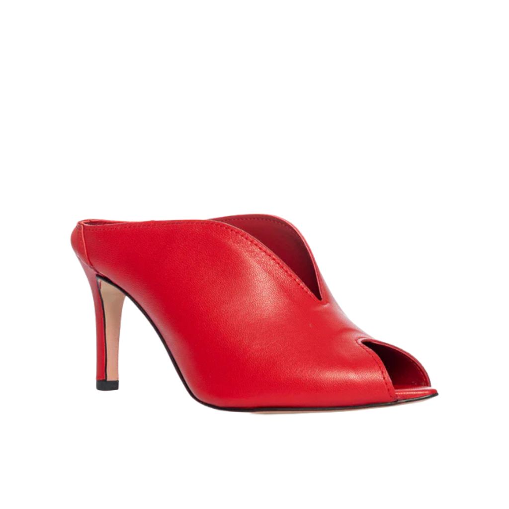 Sabot mule in pelle rossa con tacco a spillo 8 cm e scollatura a V