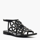 Sandalo gladiator Gagliotta in pelle nera, tomaia a gabbia con borchie argentate.