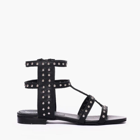 Sandalo gladiator Gagliotta in pelle nera, micro borchie argentate a griglia, chiusura zip.