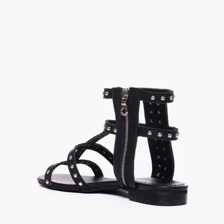 Sandalo gladiator Gagliotta in pelle nera, micro borchie argentate a griglia, chiusura zip.