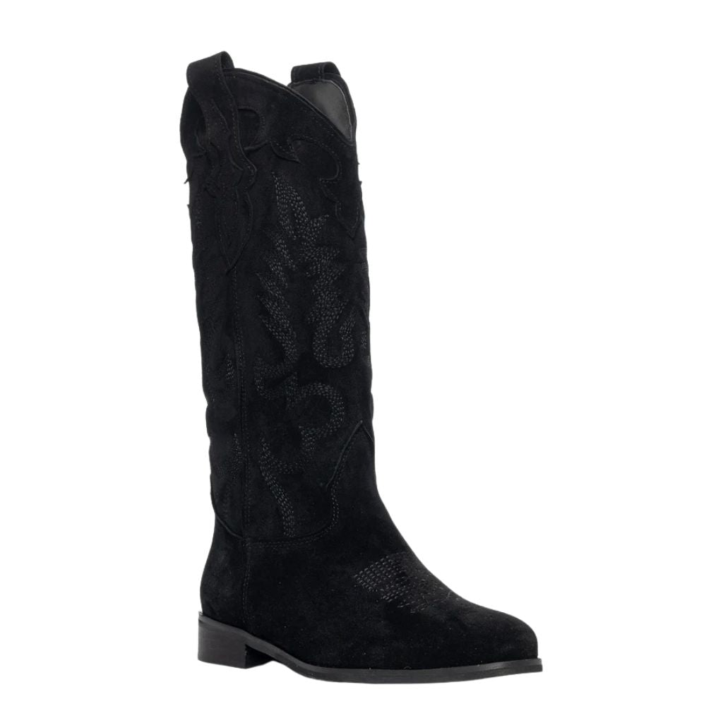 Stivali camperos in camoscio nero con ricamo