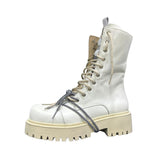 Stivale combat Gagliotta bianco liscio in pelle con lacci, corda bicolore bianco e nera e suola carrarmato.