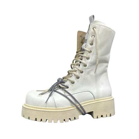 Stivale combat Gagliotta bianco liscio in pelle con lacci, corda bicolore bianco e nera e suola carrarmato.