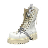 Stivale combat Gagliotta bianco liscio in pelle con lacci, corda bicolore bianco e nera e suola carrarmato.