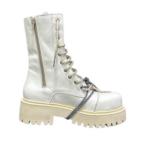 Stivale combat Gagliotta bianco liscio in pelle con lacci, corda bicolore bianco e nera e suola carrarmato.