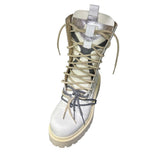 Stivale combat Gagliotta bianco liscio in pelle con lacci, corda bicolore bianco e nera e suola carrarmato.