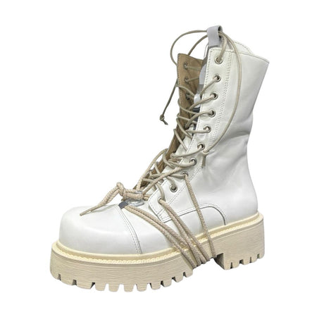 Stivale combat Gagliotta bianco liscio in pelle con lacci, corda beige e suola carrarmato.