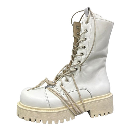 Stivale combat Gagliotta bianco liscio in pelle con lacci, corda beige e suola carrarmato.