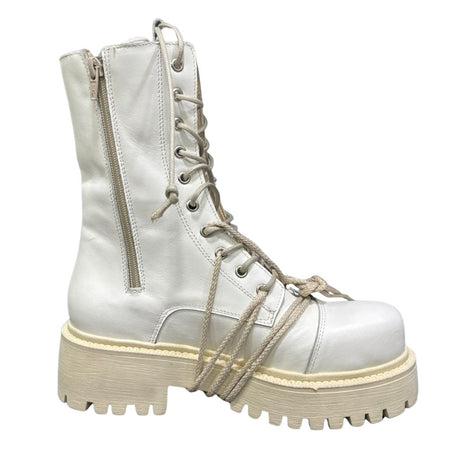 Stivale combat Gagliotta bianco liscio in pelle con lacci, corda beige e suola carrarmato.
