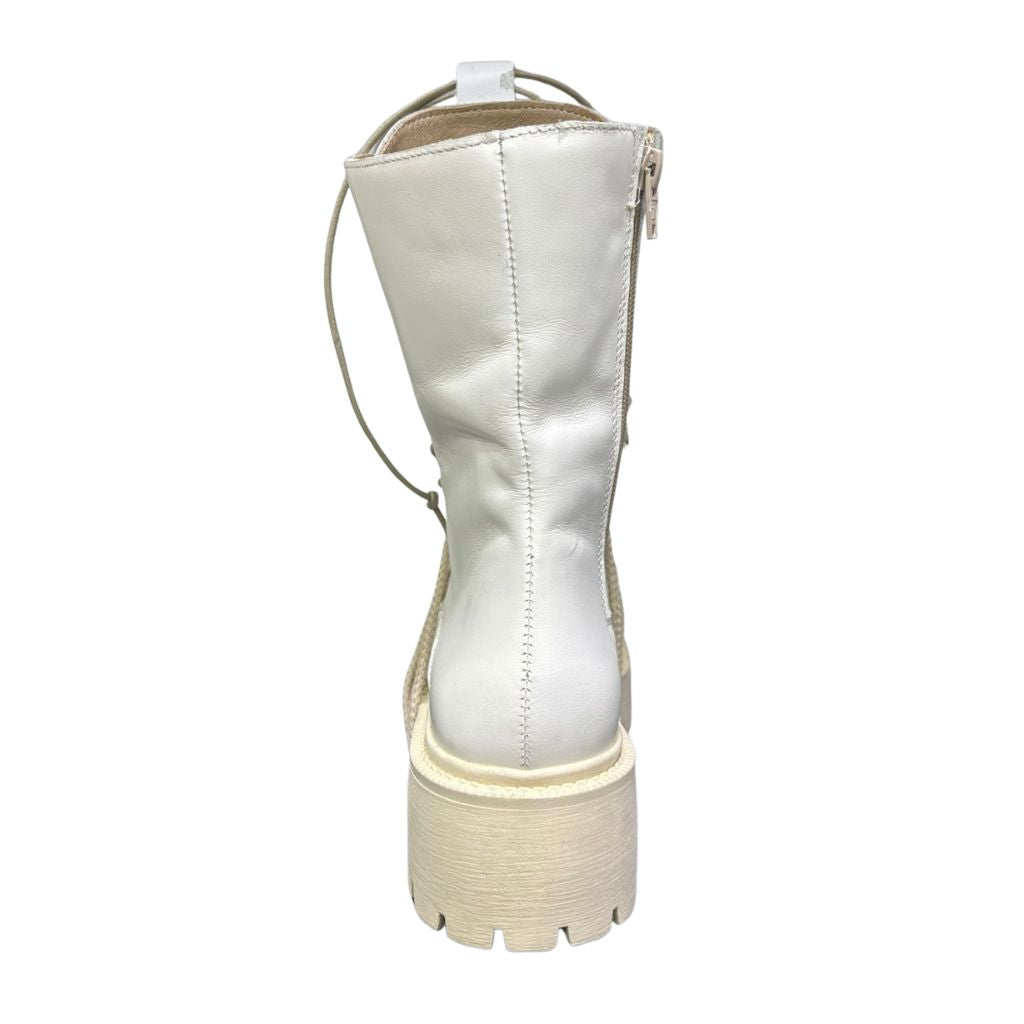 Stivale combat Gagliotta bianco liscio in pelle con lacci, corda beige e suola carrarmato.