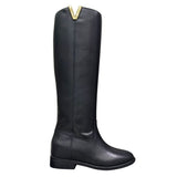 Stivale al ginocchio in pelle nera con rialzo interno 8 cm, accessorio oro e punta tonda.