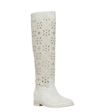 Stivale over-the-knee in camoscio ghiaccio con traforazione floreale geometrica