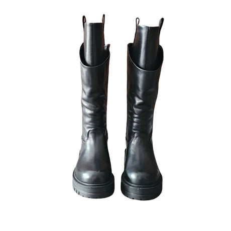 Stivale doppio gambale in pelle nera con punta tonda