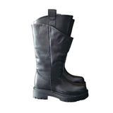 Stivale doppio gambale in pelle nera con punta tonda