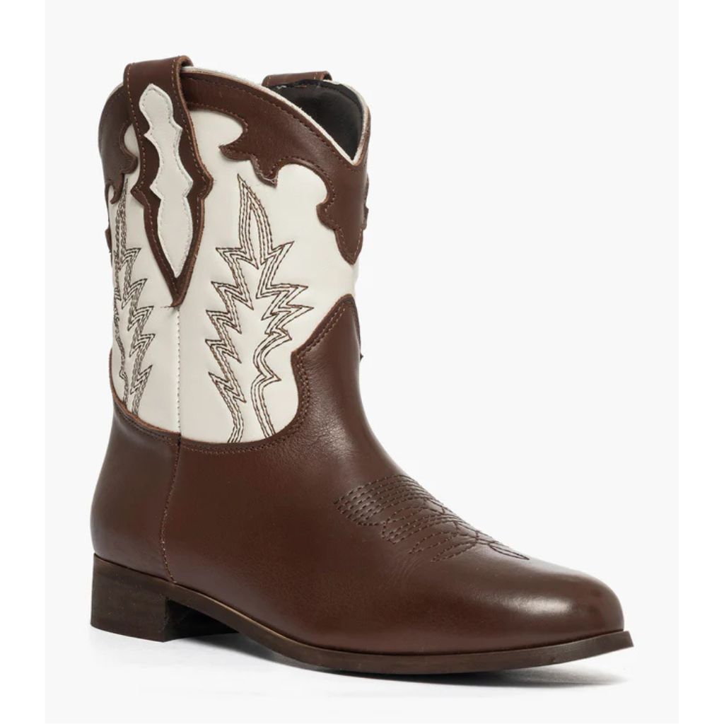 Stivali camperos in pelle bicolore marrone e panna con ricamo western