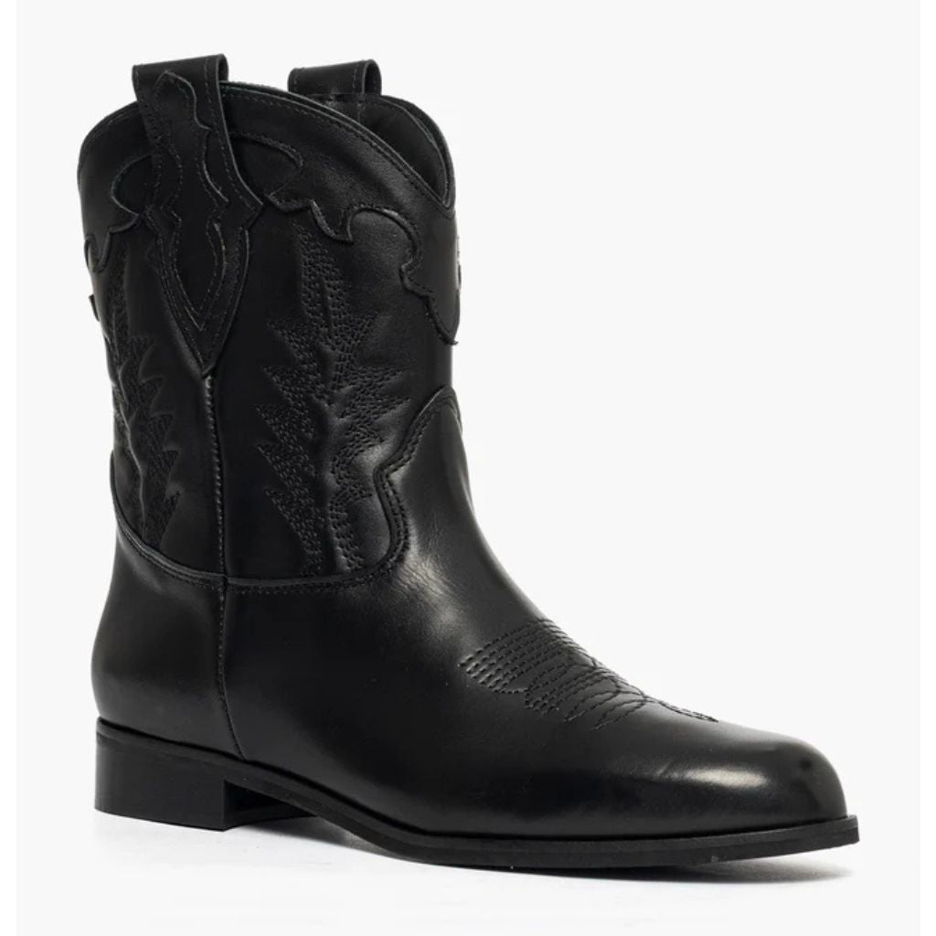 Stivali camperos in pelle nero con ricamo