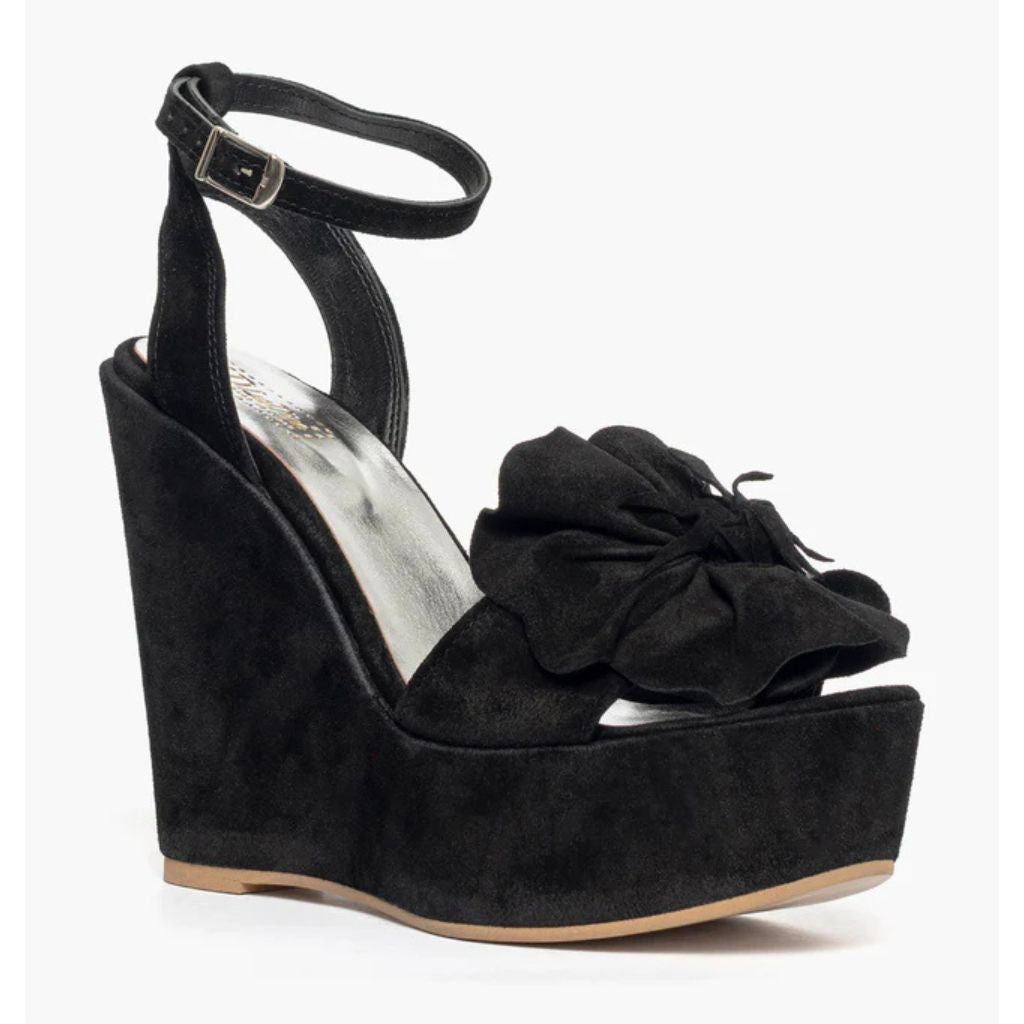 Sandalo alto con zeppa in camoscio nero e maxi fiore sulla fascia 