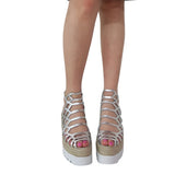 Sandalo gladiator zeppa corda 8,5 cm, in pelle laminata argento