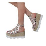 Sandalo gladiator zeppa corda 8,5 cm, in pelle laminata argento
