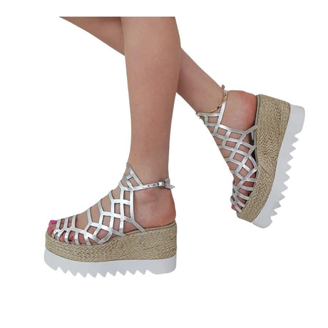 Sandalo gladiator zeppa corda 8,5 cm, in pelle laminata argento