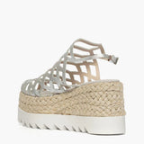 Sandalo gladiator zeppa corda 8,5 cm, in pelle laminata argento