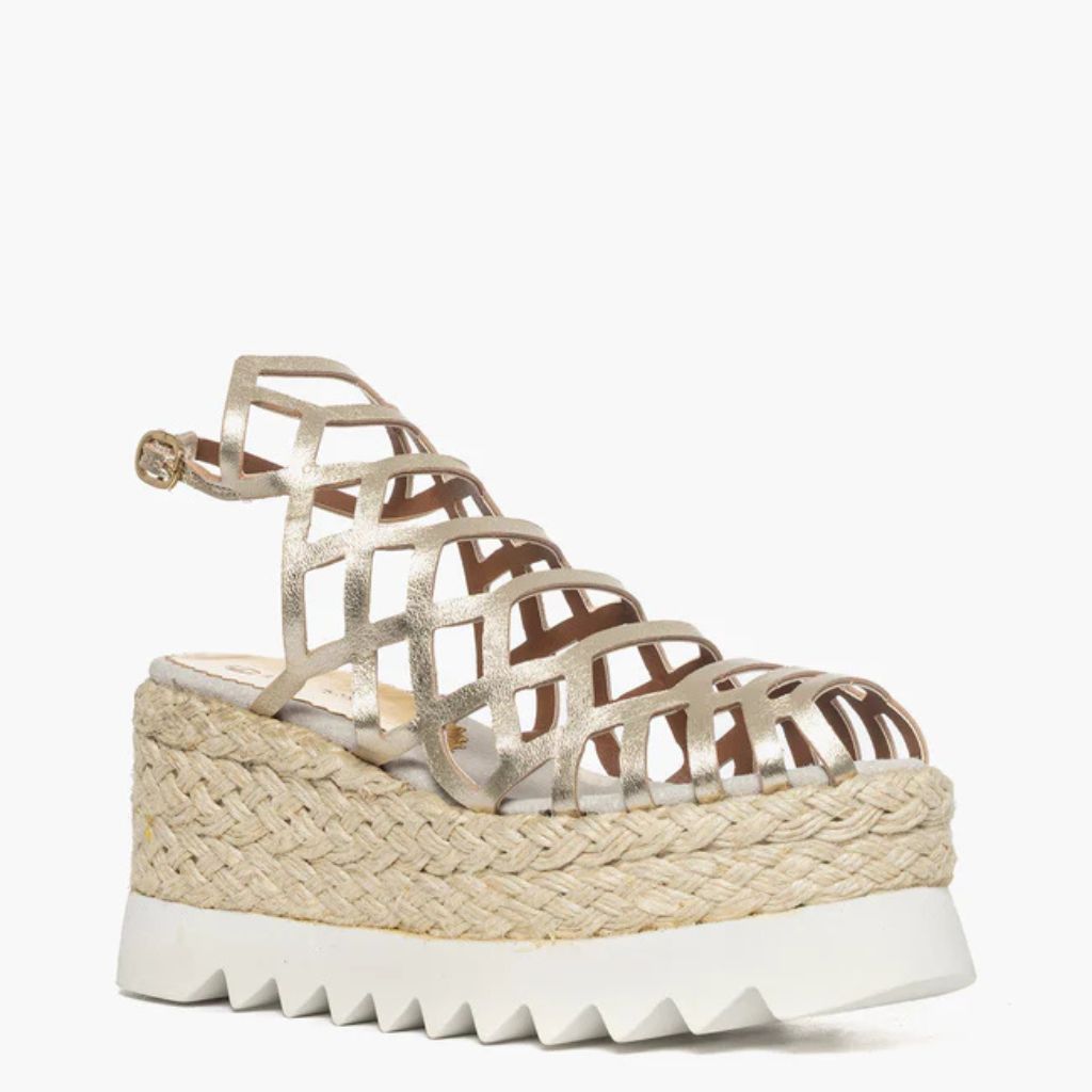 Sandalo gladiator zeppa corda 8,5 cm in pelle laminata oro
