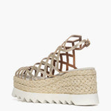 Sandalo gladiator zeppa corda 8,5 cm in pelle laminata oro