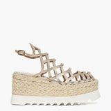 Sandalo gladiator zeppa corda 8,5 cm in pelle laminata oro
