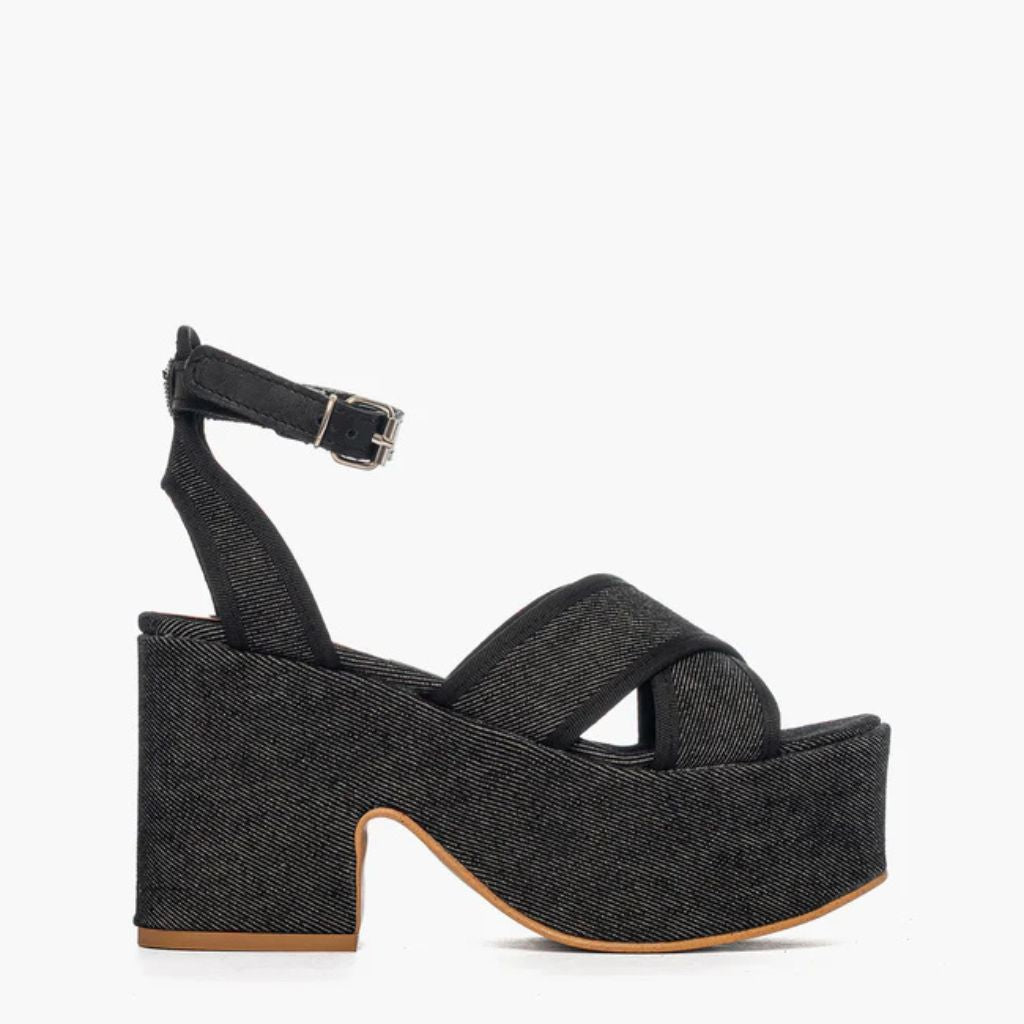 Sandalo con tacco largo plateau 10 cm Gagliotta in denim nero, fasce incrociate e cinturino pelle nera.
