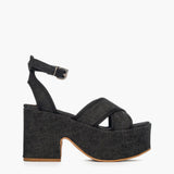 Sandalo con tacco largo plateau 10 cm Gagliotta in denim nero, fasce incrociate e cinturino pelle nera.