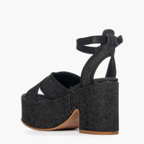 Sandalo con tacco largo plateau 10 cm Gagliotta in denim nero, fasce incrociate e cinturino pelle nera.