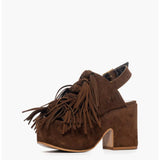 Sandalo con tacco plateau 10,5 cm Gagliotta in camoscio marrone, frange a cascata e cinturino slingback.