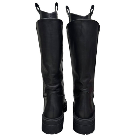 Stivale doppio gambale in pelle nera con punta tonda