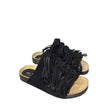 Ciabatta comfort Gagliotta modello Roberta in camoscio nero con fascia ricoperta di frange annodate e suola alta 3 cm.
