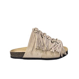 Ciabatta Gagliotta modello Roberta in camoscio taupe con fasce imbottite incrociate e suola confortevole alta 3 cm.
