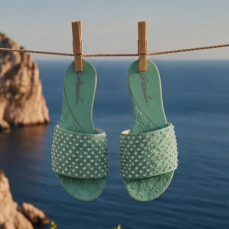 Sandalo Gioselin verde acqua con pizzo e strass