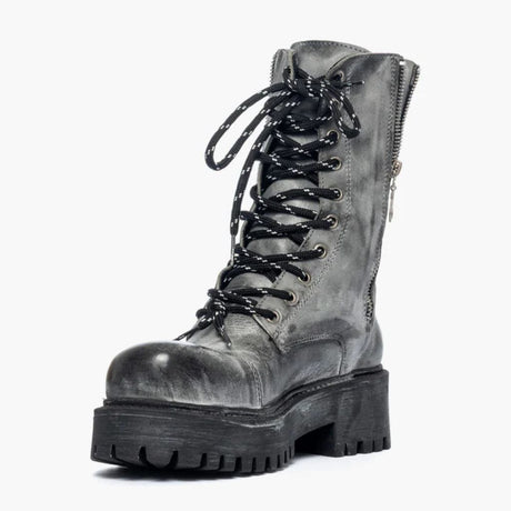 Anfibi Gagliotta pelle grigia spazzolata effetto vintage con lacci bicolore nero e bianco e doppia zip laterale.