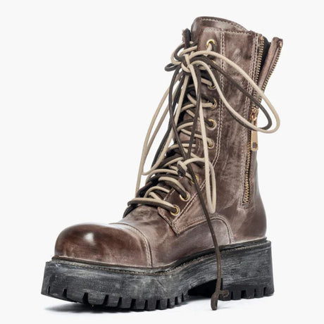 Anfibi in pelle marrone spazzolata effetto vintage beige con doppio laccio bicolore