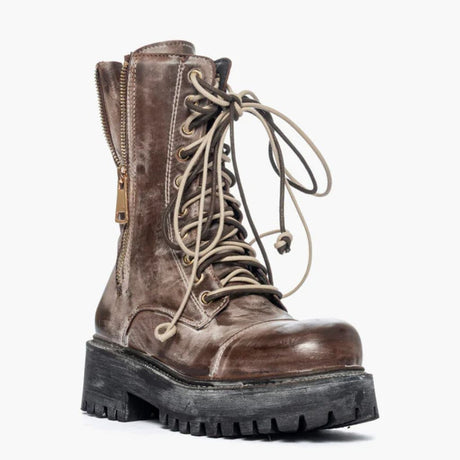 Anfibi in pelle marrone spazzolata effetto vintage beige con doppio laccio bicolore