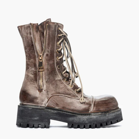 Anfibi in pelle marrone spazzolata effetto vintage beige con doppio laccio bicolore