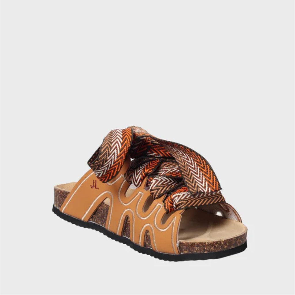 Ciabatta color cuoio Jammers London con laccio chevron arancione e marrone.