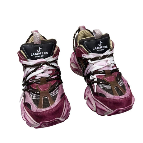 Sneakers Jammers London in vera pelle bordeaux e rosa con lacci intrecciati e suola alta