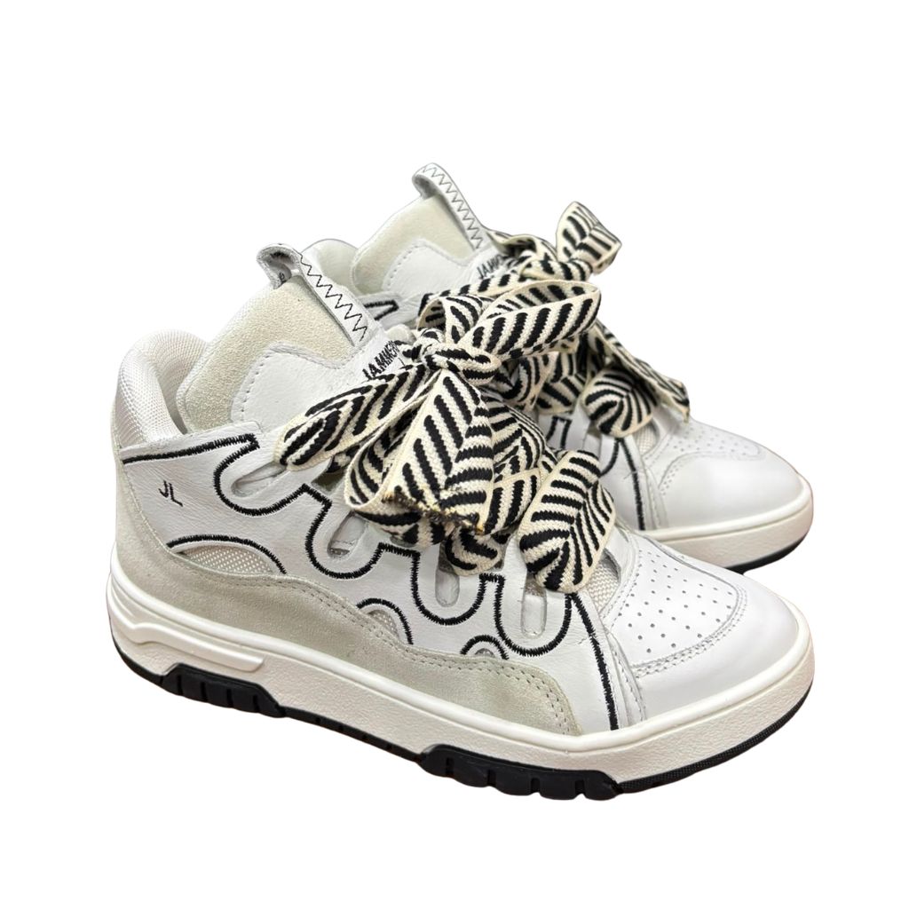Sneaker Jammers London bianca nera con ricami onde e lacca righe