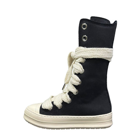 Sneaker boot alta donna nera tela maxi lacci beige