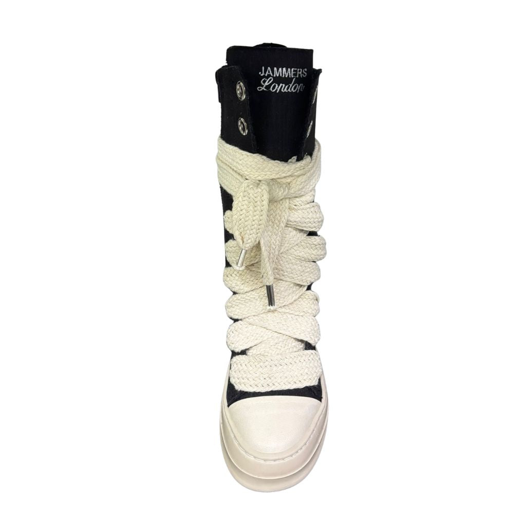Sneaker boot alta donna nera tela maxi lacci beige